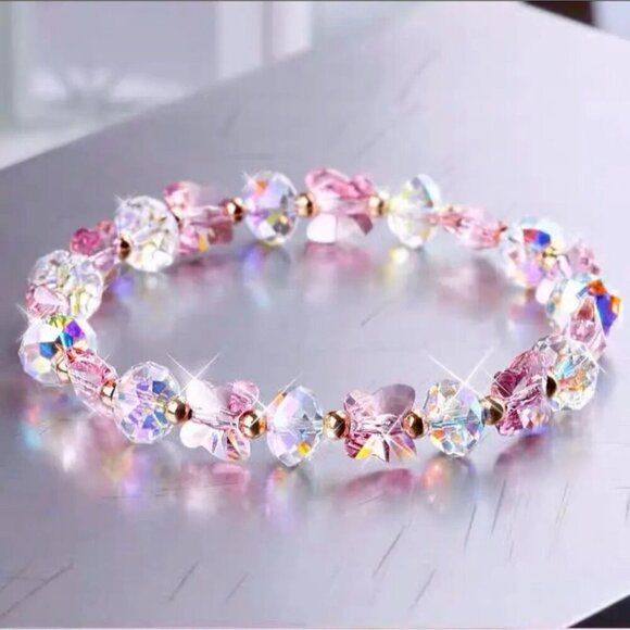 Handmade Austrian Crystal Bracelet ✦ Clear AB Rondelle Beads + Pink Butterflies - Picture 1 of 9